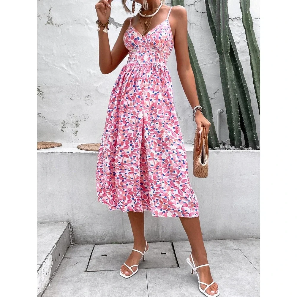 Boho Floral Print Split Thigh Shirred Cami Strap Midi Dress pink - Picture 6 of 6